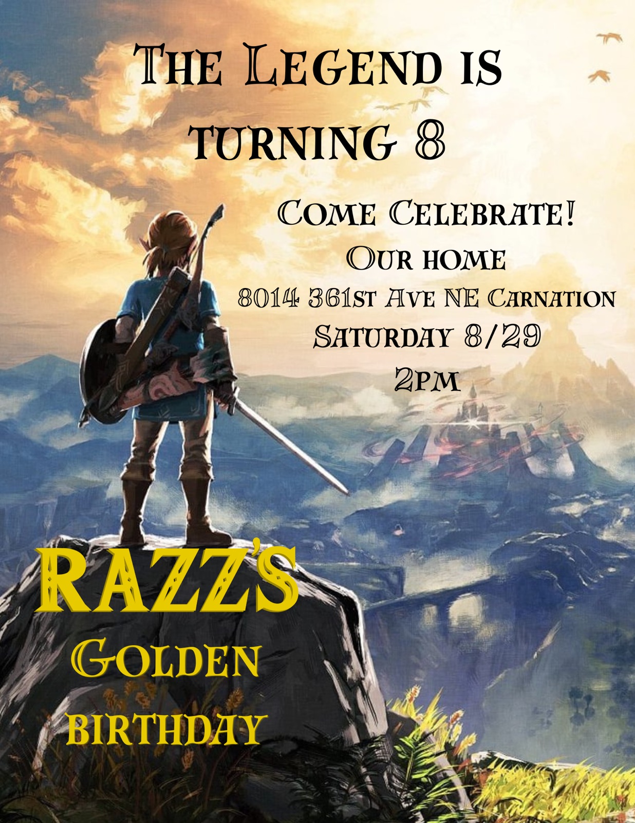 Razz's Golden Birthday invitation: the legend is turning 8. Saturday 8/29 at 2pm, our home, 8014 361st Ave NE, Carnation.